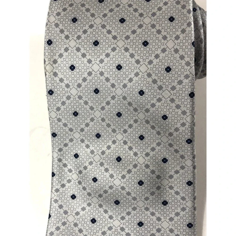 Barton MODA Pure Silk Tie Handmade in Italy Gray Geometric Pattern Navy Blue Dot